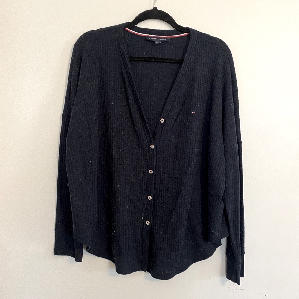 Tommy Hilfiger Waffle Knit Cardigan Button Front Navy Blue size Large